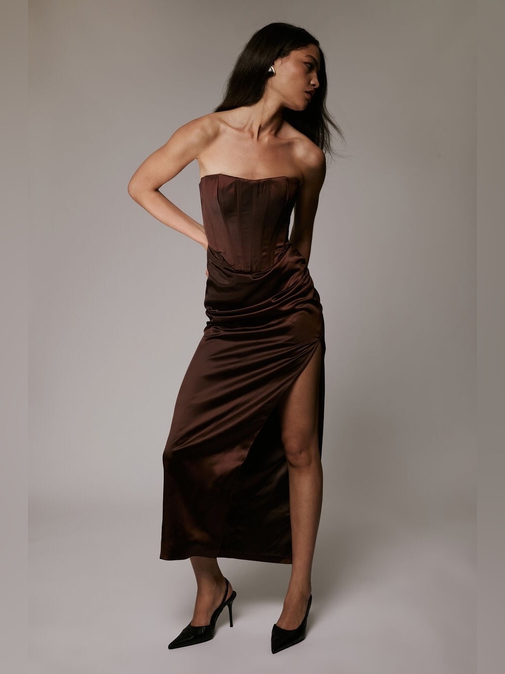 Bardot Everlasting Satin Strapless Midi‎ Dress In Chocolate US 6